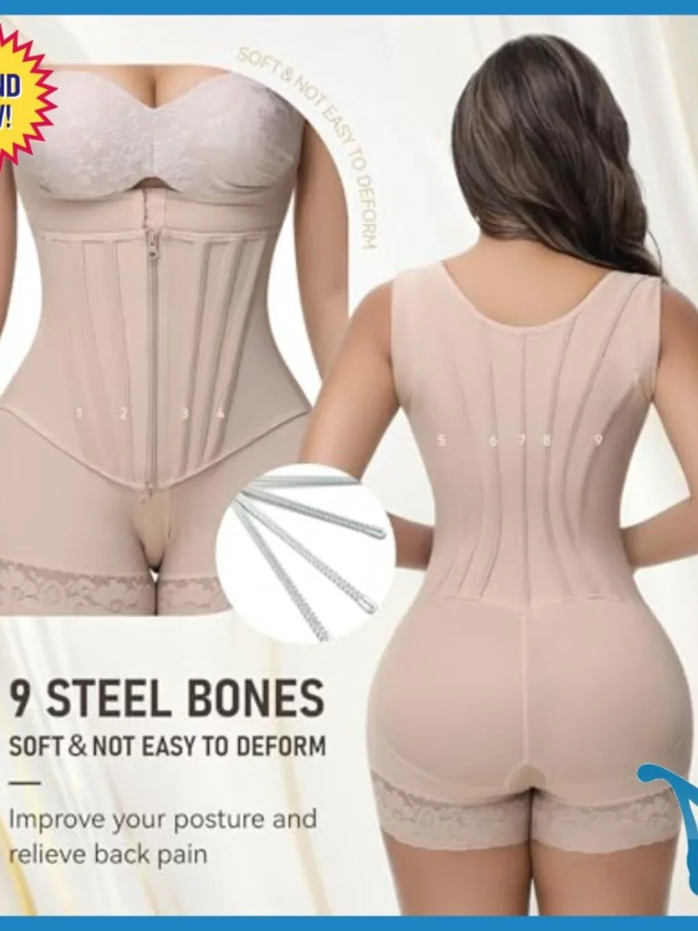 High Compression Shapewear Bodysuit with Zipper & Steel Bones Tummy Control